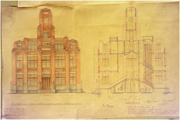 Alçado lateral e Corte transversal do Mercado Vermelho de 10 de Novembro de 1934